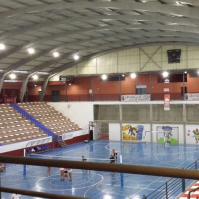 interior de pabellón de derpotes. Techo curvo gris, gradas de unas 10 filas en lateral izquierdo. Personas haciendo deporte sobre parqué azul