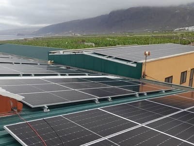 placas solares sobre techo de instalación industrial. Al fondo cultivo de plátanos, montaña y nubes grises